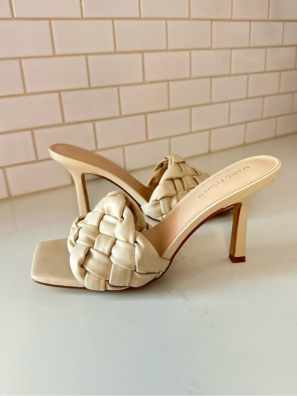 Marc Fisher Womens Cream Braided Sandal Stiletto Heels 8 Party Wedding Guest